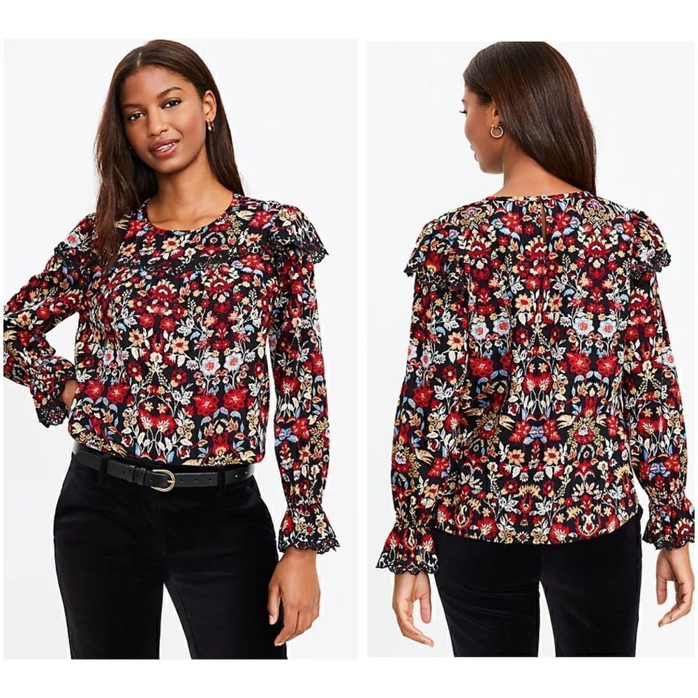 LOFT Forest Ruffle Scalloped Yoke Top Blouse Size XL